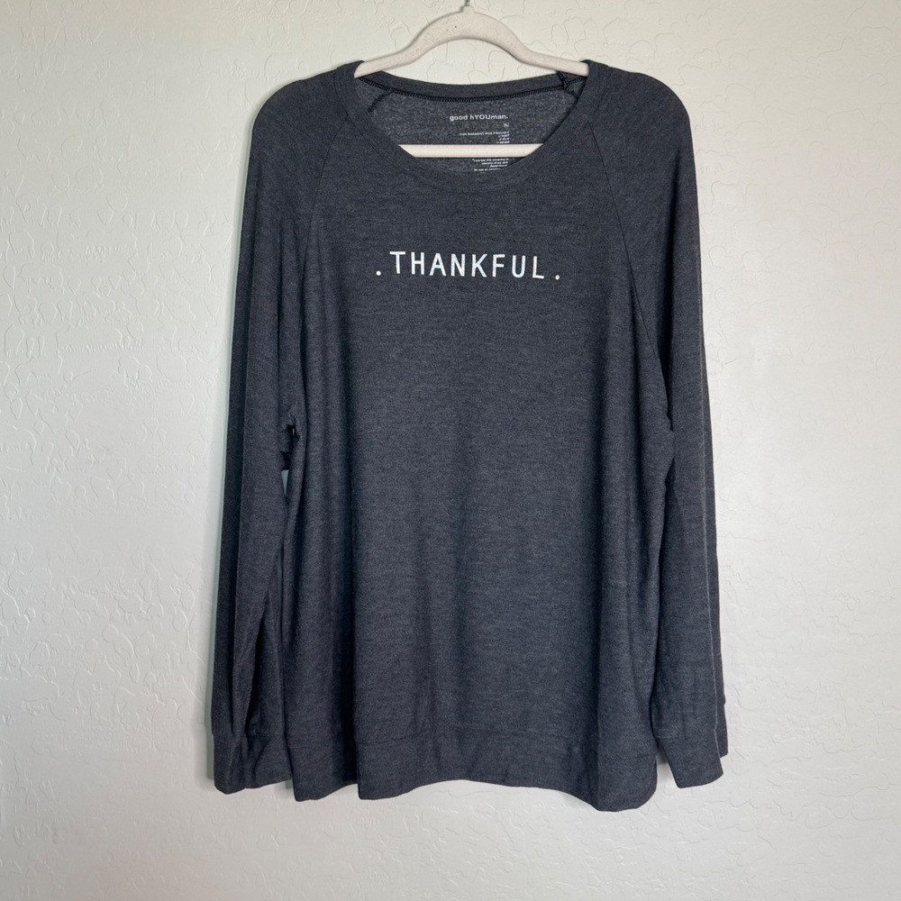 Good hYOUman Womens Knit Sweatshirt XL Gray Thankful Graphic Raglan Lounge